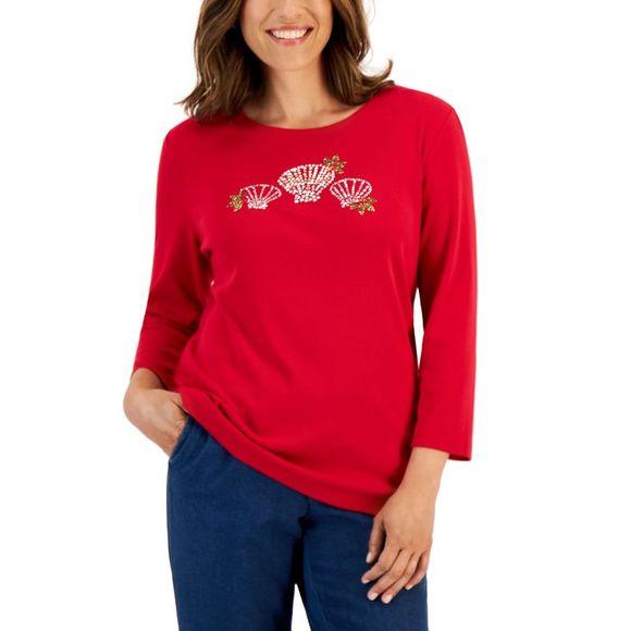 Karen Scott Petite Holiday Print 3/4 Sleeve Tops - Picture 1 of 1